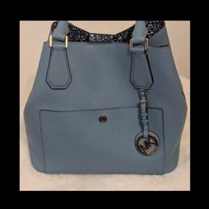 Michael Kors Blue Saffiano Leather Zip Tote Floral Lined MK Charm